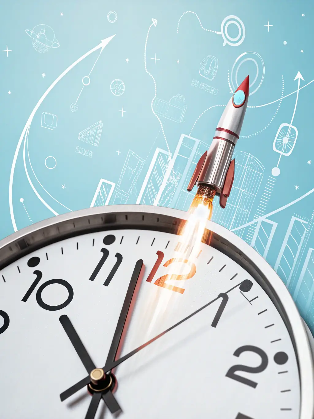 A clock with a rocket taking off, symbolizing fast response times for immigration inquiries and applications.